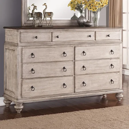 Relaxed Vintage 9-Drawer Dresser with False-Bottom Drawer